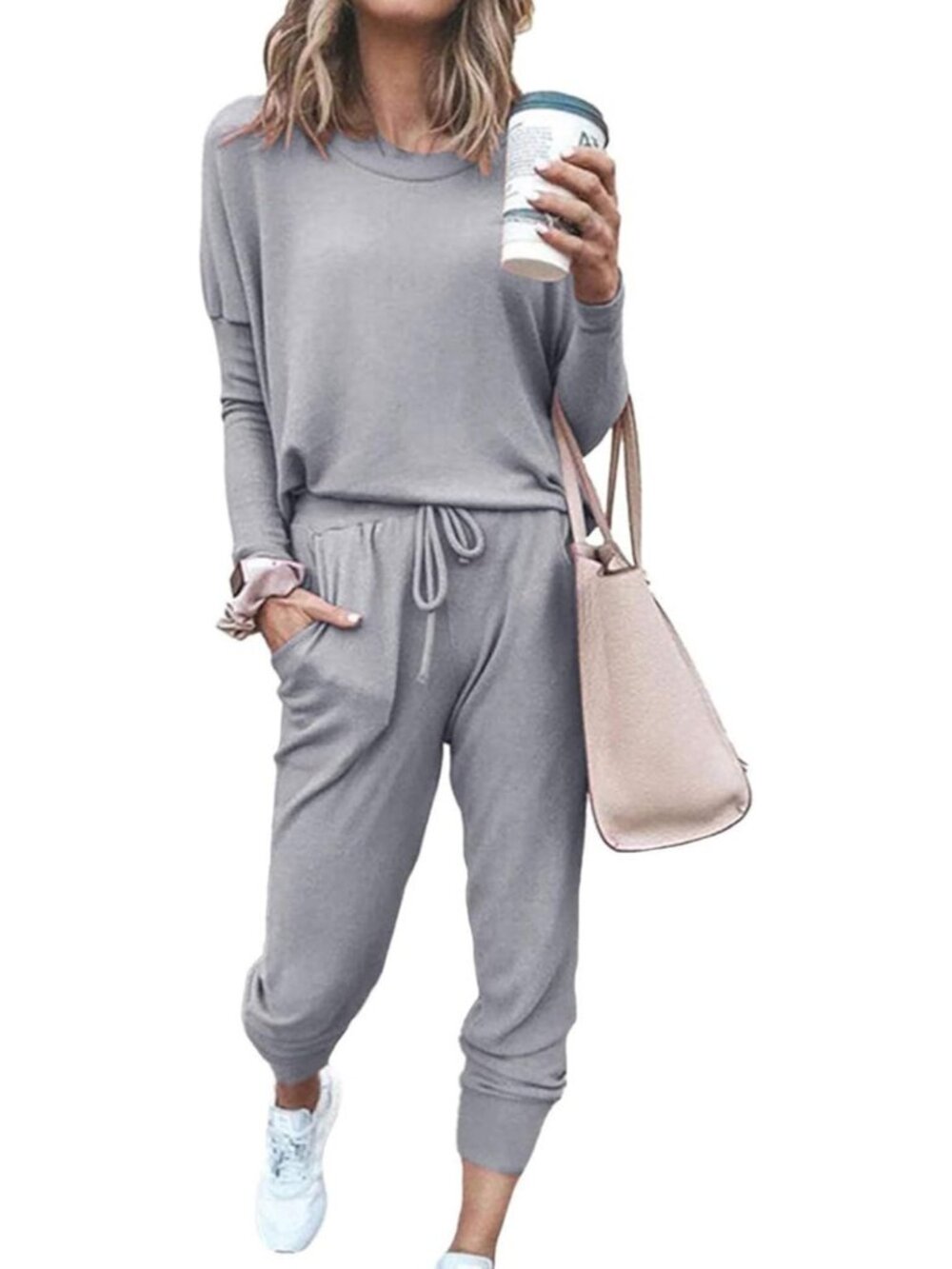 Women's 2 Piece Sets Light Grey Sweatsuits Casual Long Sleeve Sweatpants Fall